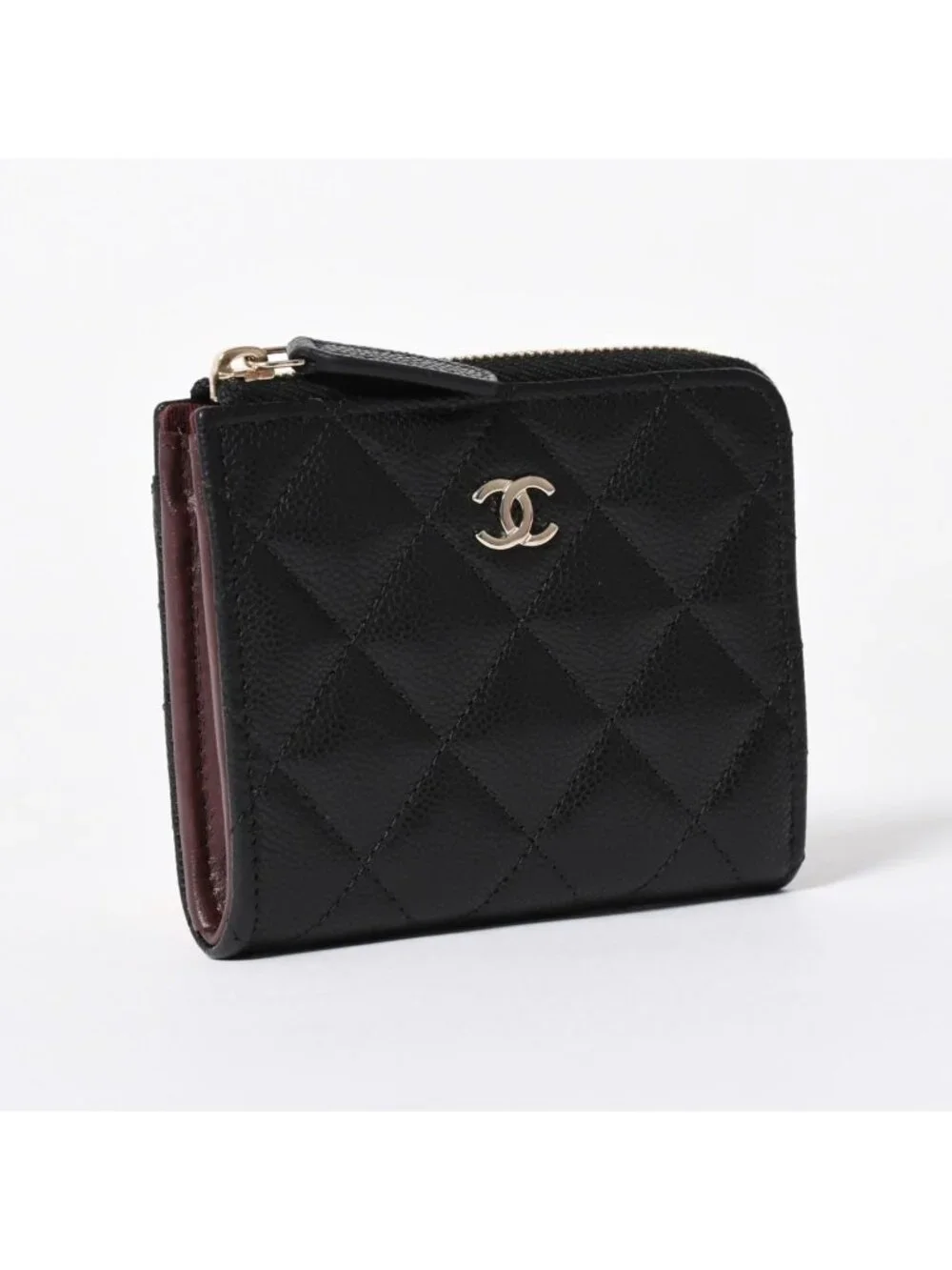 Chanel Quilted Compact Wallet Coin Purse Caviar Leather Black Gold